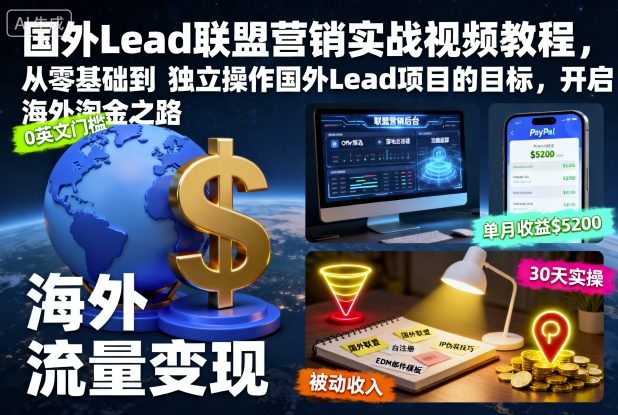 国外Lead联盟营销实战视频教程，从零基础到独立操作国外Lead项目的目标，开启海外淘金之路-赛德副业库