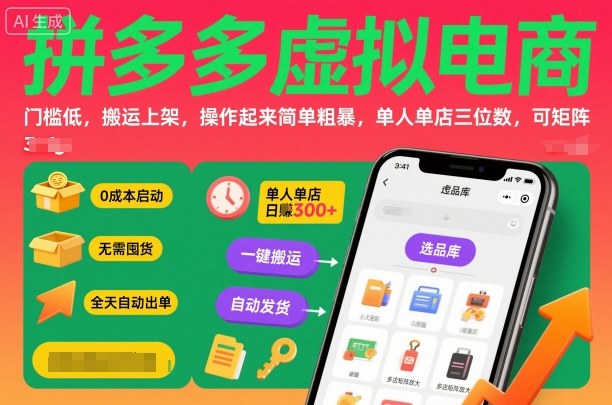 拼多多虚拟电商，门槛低，搬运上架，操作起来简单粗暴，单人单店三位数，可矩阵-赛德副业库