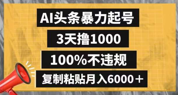 AI头条暴力起号，3天撸1000,100%不违规，复制粘贴月入6000＋【揭秘】-赛德副业库