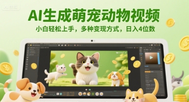 AI生成萌宠动物视频,小白轻松上手,多种变现方式,日入4位数-赛德副业库