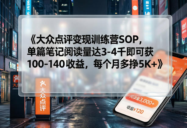 大众点评变现训练营SOP，单篇笔记阅读量达3-4千即可获100-140收益，每个月多挣5K+-赛德副业库