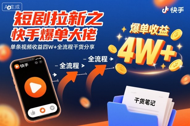 短剧拉新之快手爆单大佬单条视频收益四W+全流程干货分享-赛德副业库