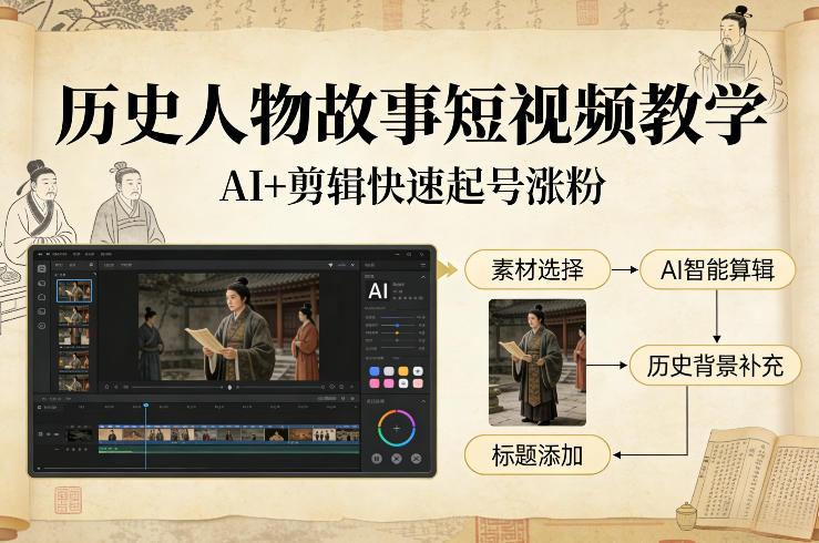 历史人物故事短视频教学，AI+剪辑制作历史人物题材短视频，快速起号涨粉-赛德副业库