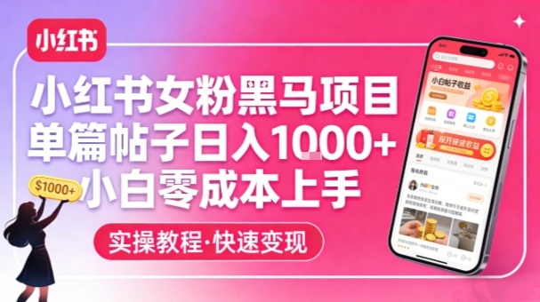小红书女粉黑马项目，单篇帖子日入1k+，小白零成本上手-赛德副业库