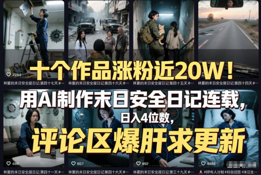 十个作品涨粉近20W!用AI制作末日安全日记连载,日入4位数,评论区爆肝求更新(附详细步骤)-赛德副业库
