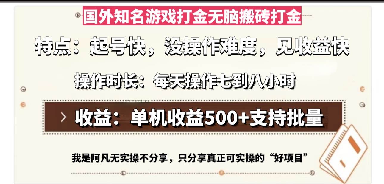 （13307期）国外知名游戏打金无脑搬砖单机收益500，每天操作七到八个小时-赛德副业库