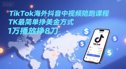 TikTok海外抖音中视频陪跑课程,TK最简单挣美金方式,1万播放挣8刀-赛德副业库