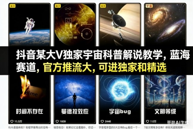 抖音某大V独家宇宙科普解说教学,蓝海赛道,官方推流大,可进独家和精选-赛德副业库