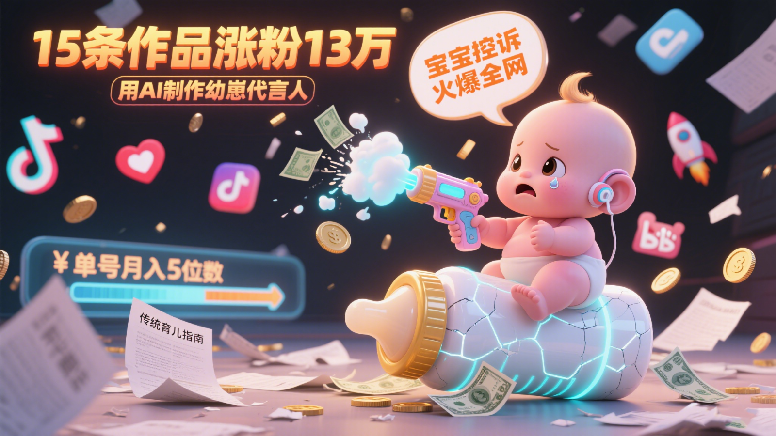 用AI制作幼崽代言人，宝宝的控诉火爆全网，15条作品涨粉13万，单号月入5位数实操教程-赛德副业库