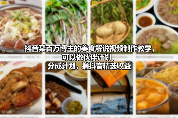 抖音某百万博主的美食解说视频制作教学，可以做伙伴计划，分成计划，撸抖音精选收益-赛德副业库