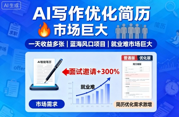 AI写作优化简历,一天收益多张,蓝海风口项目,就业难市场巨大-赛德副业库