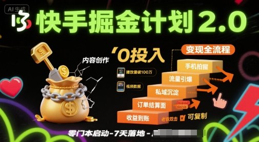 快手掘金计划2.0，快手电商变现全流程，简单可复制，0投入-赛德副业库