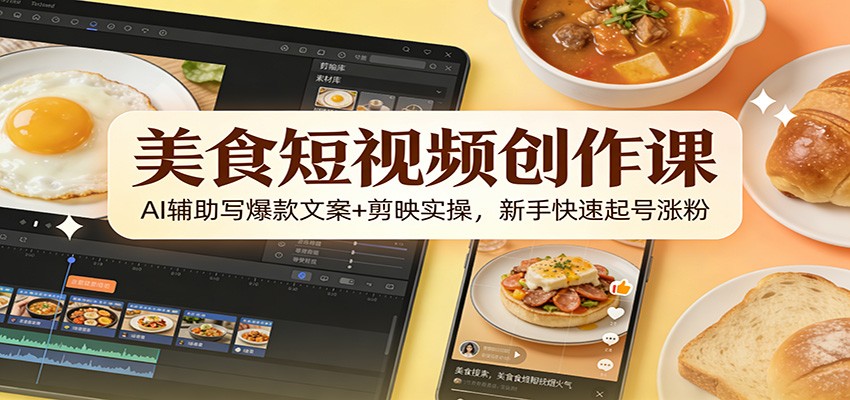 美食短视频创作课：AI辅助写爆款文案+剪映实操，新手快速起号涨粉-赛德副业库