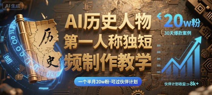 最新AI历史人物第一人称独白短视频制作教学，一个半月20w粉，可过伙伴计划-赛德副业库