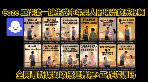 coze工作流一键生成”中年男人困境扎心高涨粉高播放量图文视频”保姆级拆解教程，无需剪辑，无需拍摄写文案-赛德副业库