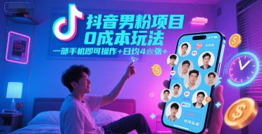 抖音男粉项目0成本玩法，一部手机即可操作，日均4张+，时间自由-赛德副业库