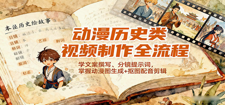 动漫历史类视频制作全流程，学文案撰写、分镜提示词，掌握动漫图生成+抠图配音剪辑-赛德副业库