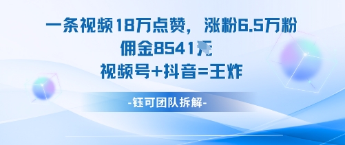 一条视频18W点赞,涨粉6.5W粉佣金8541米,视频号+抖音=王炸-赛德副业库