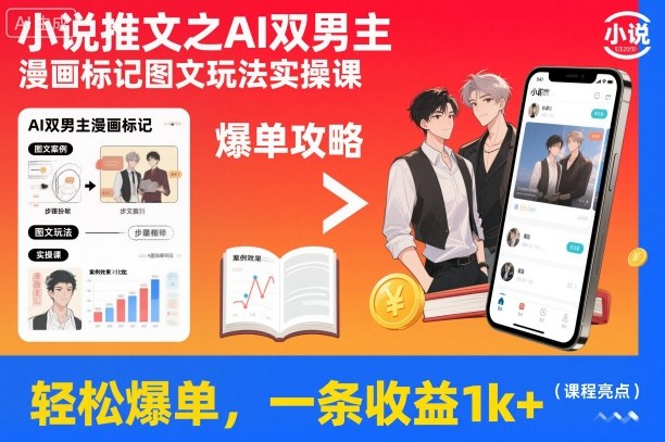 小说推文之AI双男主漫画标记图文玩法实操课，轻松爆单，一条收益1k+-赛德副业库