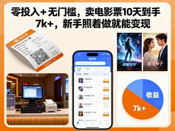 零投入+无门槛，卖电影票10天到手7k+，新手照着做就能变现【揭秘】-赛德副业库