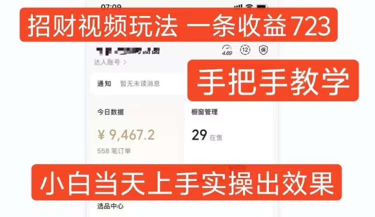 招财视频玩法，一条视频收益723，手把手教学，小白当天可上手-赛德副业库