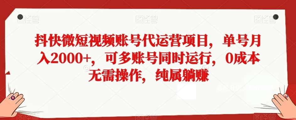 抖快微短视频账号代运营项目，单号月入2000+，可多账号同时运行，0成本无需操作，纯属躺赚【揭秘】-赛德副业库