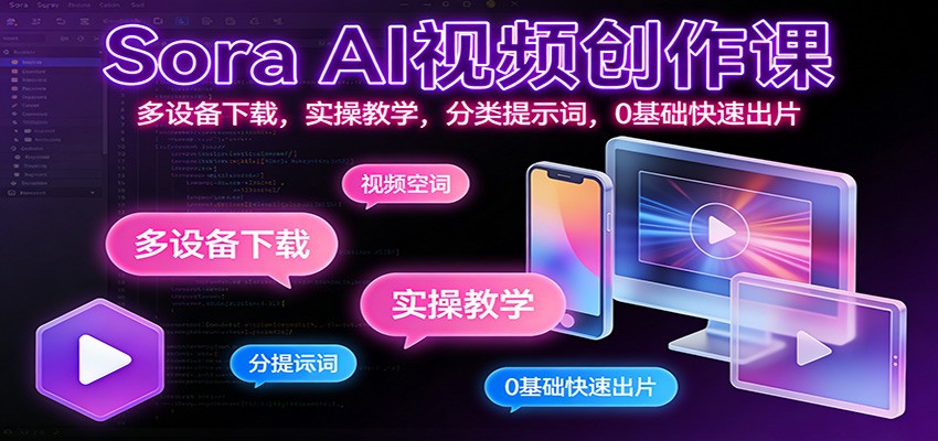 Sora AI视频创作课:多设备下载,实操教学,分类提示词,0基础快速出片-赛德副业库