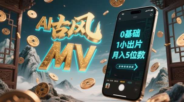 AI一键生成古风音乐MV，0剪辑基础1小时出片，多种变现渠道，一部手机月入5位数-赛德副业库
