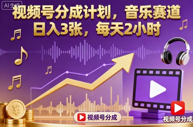 视频号分成计划，音乐赛道，日入3张，每天2小时-赛德副业库