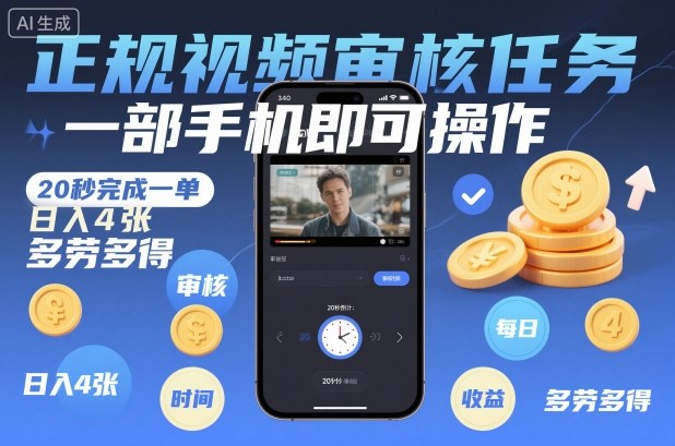 正规视频审核任务，一部手机即可操作，20秒完成一单，日入4张，多劳多得【揭秘】-赛德副业库