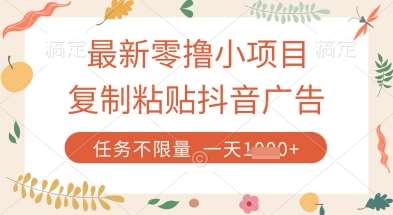 最新零撸小项目,复制粘贴抖音广告即可挣钱,平台大水,任务不限量,一天数张【揭秘】-赛德副业库