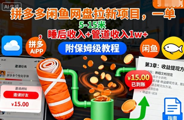 拼多多闲鱼网盘拉新项目，一单5-15米，睡后收入+管道收入1w+（附保姆级教程）-赛德副业库