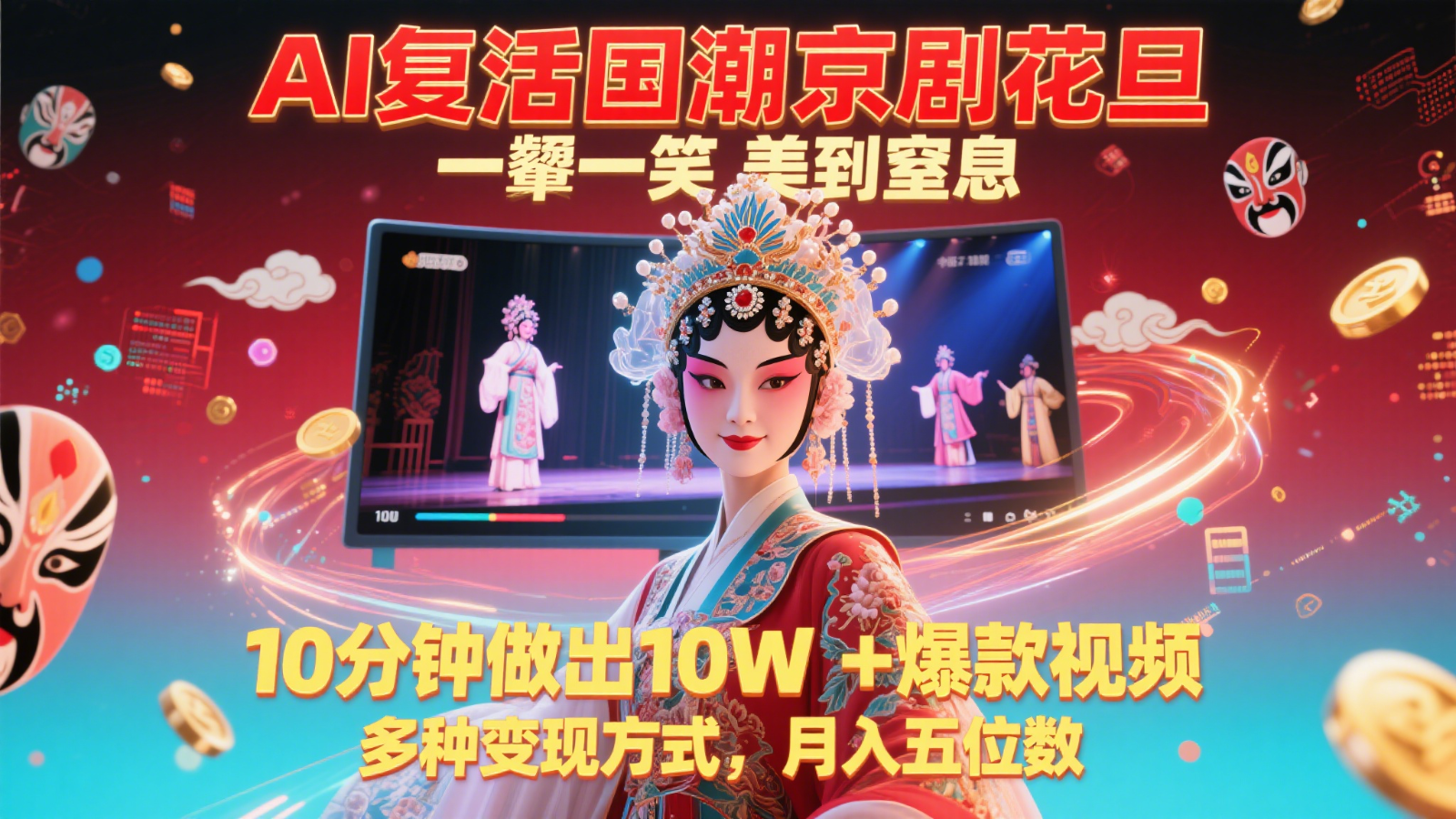 AI复活国潮京剧花旦,一颦一笑美到窒息,10分钟做出10W+爆款视频,多种变现方式-赛德副业库