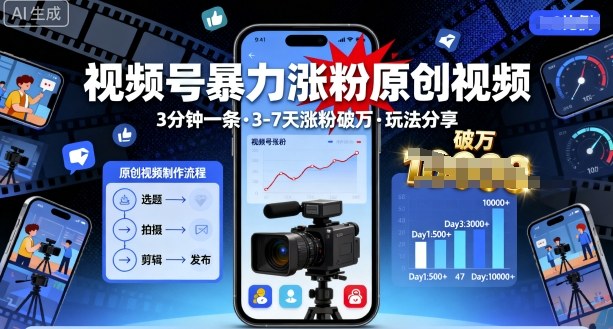 视频号暴力涨粉原创视频,3分钟一条原创视频,3-7天涨粉破万,玩法分享给你-赛德副业库