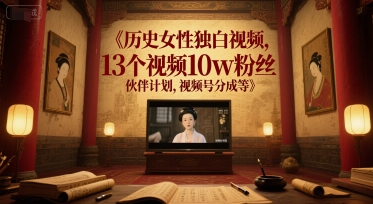 历史女性独白视频，13个视频10w粉丝，伙伴计划，视频号分成等-赛德副业库
