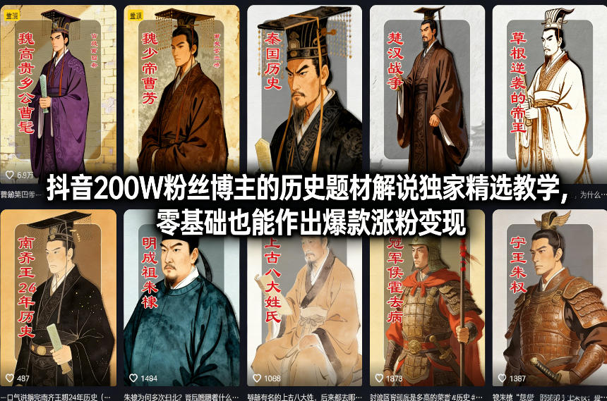 抖音200W粉丝博主的历史题材解说独家精选教学,零基础也能作出爆款涨粉变现-赛德副业库