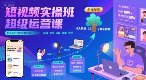 短视频实操班超级运营课,新手小白到短视频大神必修课程,剪辑-拍摄-运营-直播-变现-赛德副业库