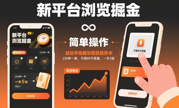 新平台浏览掘金，动动手指截张图就能挣米，2分钟一单，不限时不限量，一天5张【揭秘】-赛德副业库