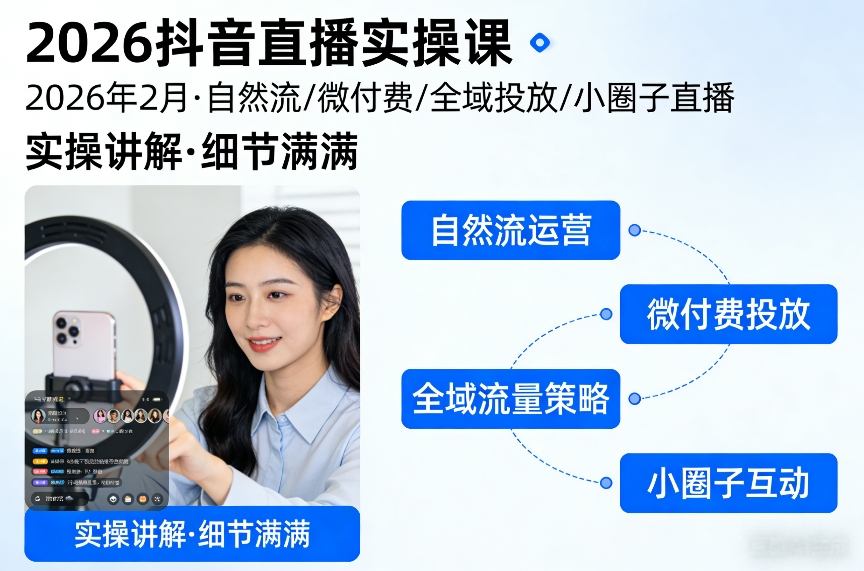 2026抖音直播实操课2026年2月，自然流、微付费、全域投放、小圈子直播，实操讲解，细节满满-赛德副业库