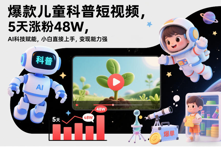 爆款儿童科普短视频,5天涨粉48W,AI科技赋能,小白直接上手,变现能力强,橱窗带货爆单不停-赛德副业库