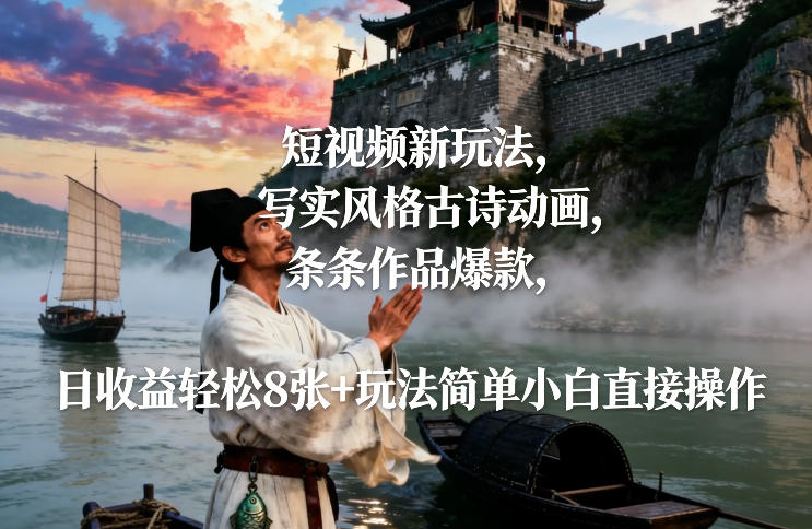 短视频新玩法,写实风格古诗动画,条条作品爆款,日收益轻松8张+玩法简单小白直接操作-赛德副业库