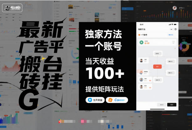 最新广告平台搬砖挂G，独家方法，一个账号，当天收益100+，提供矩阵玩法【揭秘】-赛德副业库