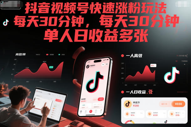 抖音视频号快速涨粉玩法，每天30分钟，单人日收益多张-赛德副业库