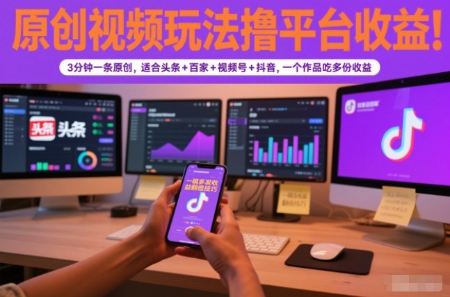 原创视频玩法撸平台收益,3分钟一条原创,适合头条+百家+视频号+抖音,一个作品吃多份收益-赛德副业库