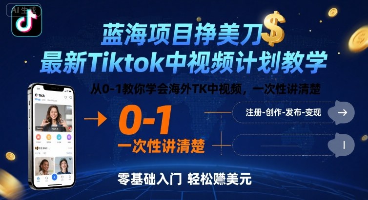 蓝海项目挣美刀，最新Tiktok中视频计划教学，从0-1教你学会海外TK中视频，一次性讲清楚-赛德副业库