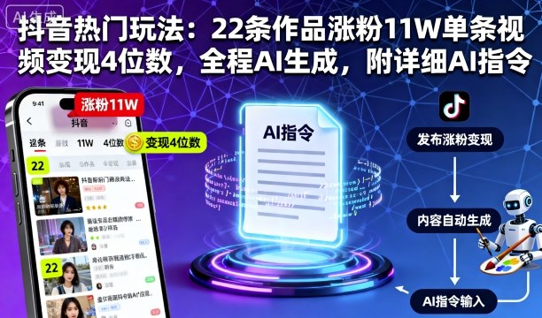 抖音热门玩法：22条作品涨粉11W单条视频变现4位数，全程AI生成，附详细AI指令-赛德副业库