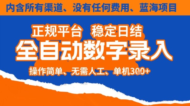 全自动数字录入,单机日入3张+,内含所有渠道全程免费零成本,操作简单可矩阵开干【揭秘】-赛德副业库