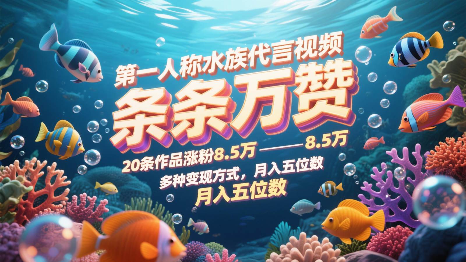 第一人称水族代言视频,条条万赞,20条作品涨粉8.5万,多种变现方式月,入五位数-赛德副业库