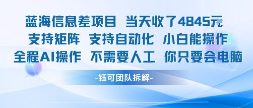 蓝海信息差项目当天收米1k+ 支持矩阵支持自动化小白能操作全程AI操作不需要人工你只要会电脑-赛德副业库