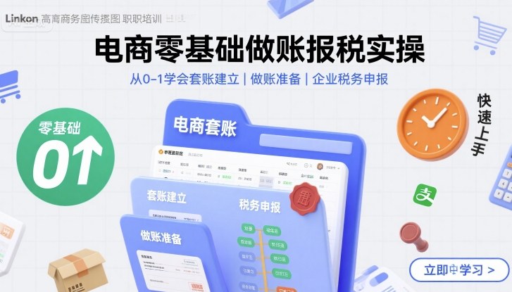 电商零基础做账报税实操快速上手,从0-1学会套账建立,做账准备,企业税务申报-赛德副业库